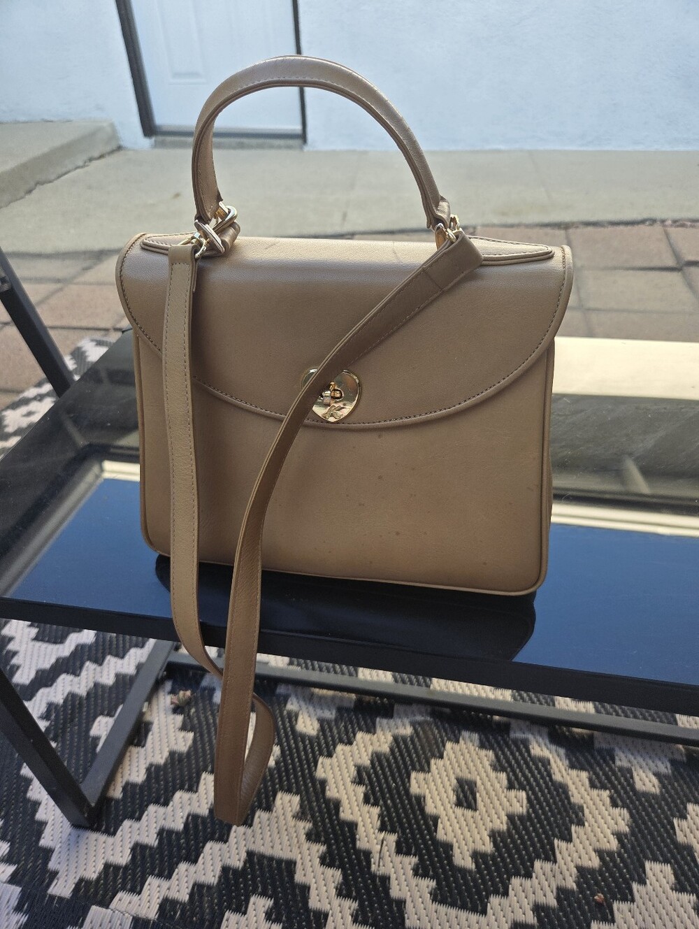 Vintage Kitamura Classic Kiss Top-Handle Women’s Bag in Tan.